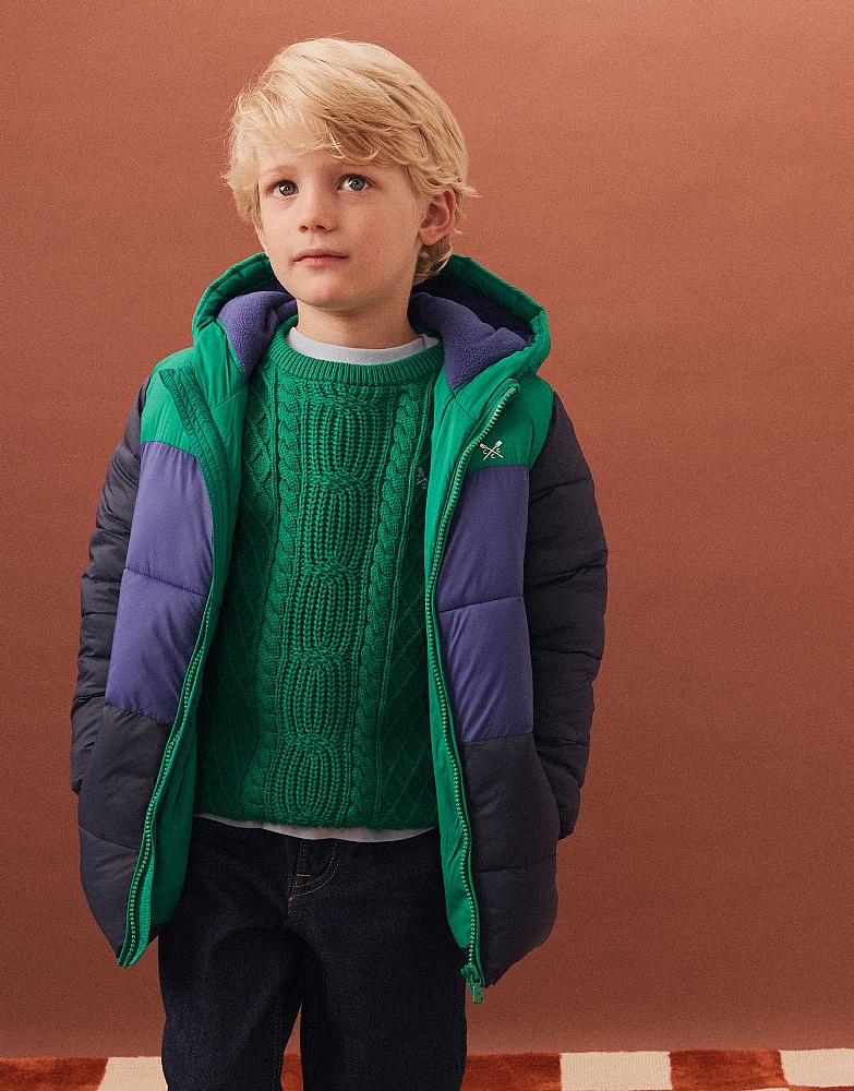 Cosy Midweight Colourblock Puffa Jacket in Green and Blue