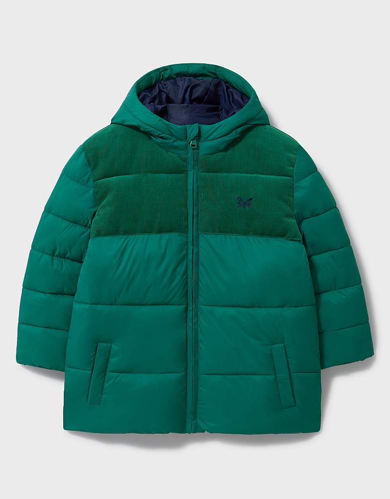 Cord Yoke Cosy Puffer Jacket in Green