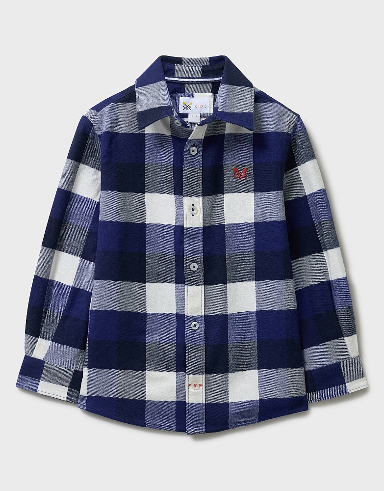 Cotton Flannel Check Shirt in Navy and White