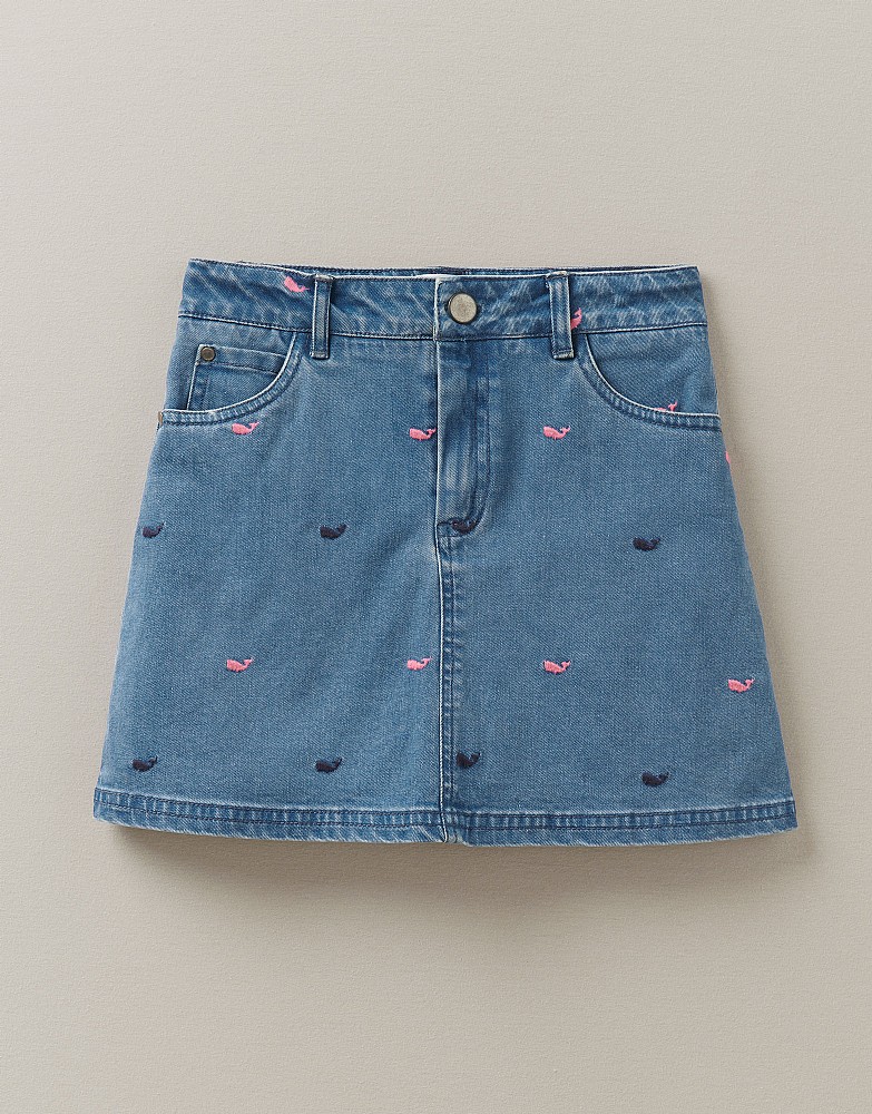 Denim Skirt With Whale Embroidery