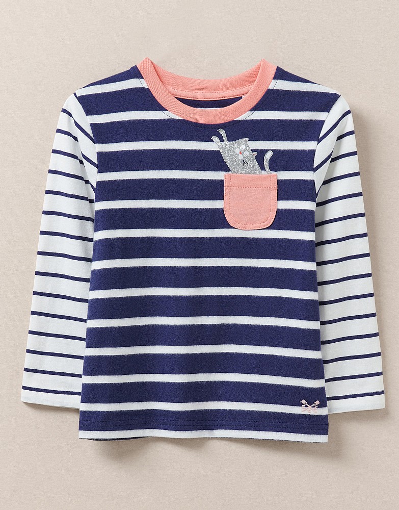 Long Sleeve Stripe Cat Pocket Lily T-Shirt