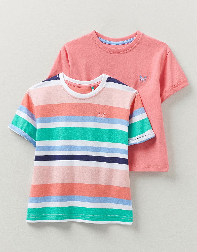 Girls' 2 Pack Short Sleeve Roll T-Shirts Plain and Stripe