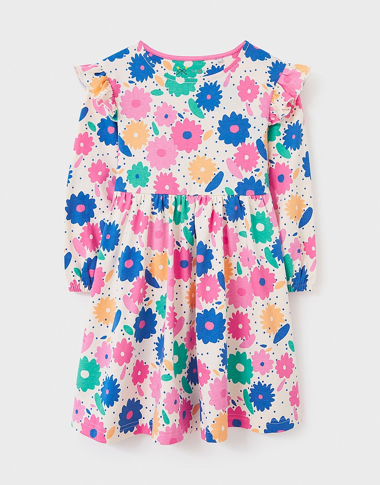 Abstract Floral Print Frill Jersey Dress