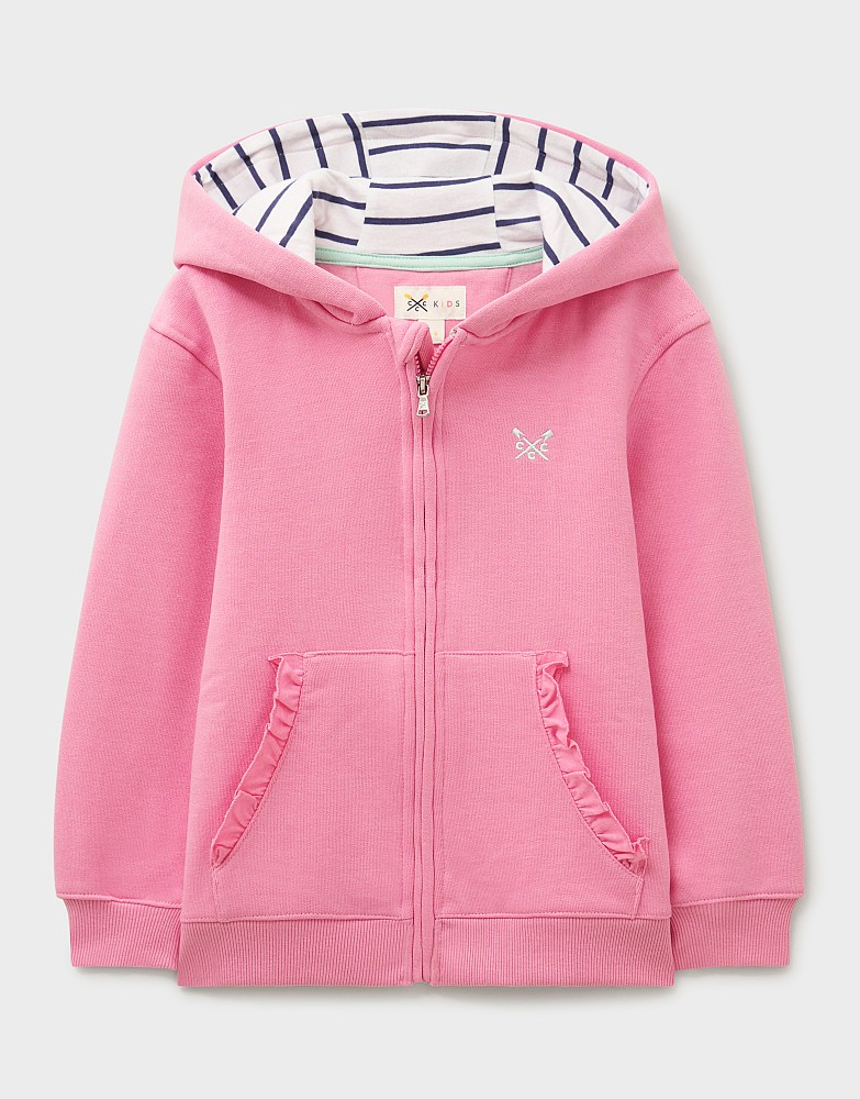 Frill Pocket Zip Through Hoodie in Pink