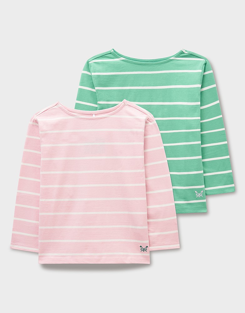 2 Pack Long Sleeve Jersey Breton T-Shirts in Green and Pink