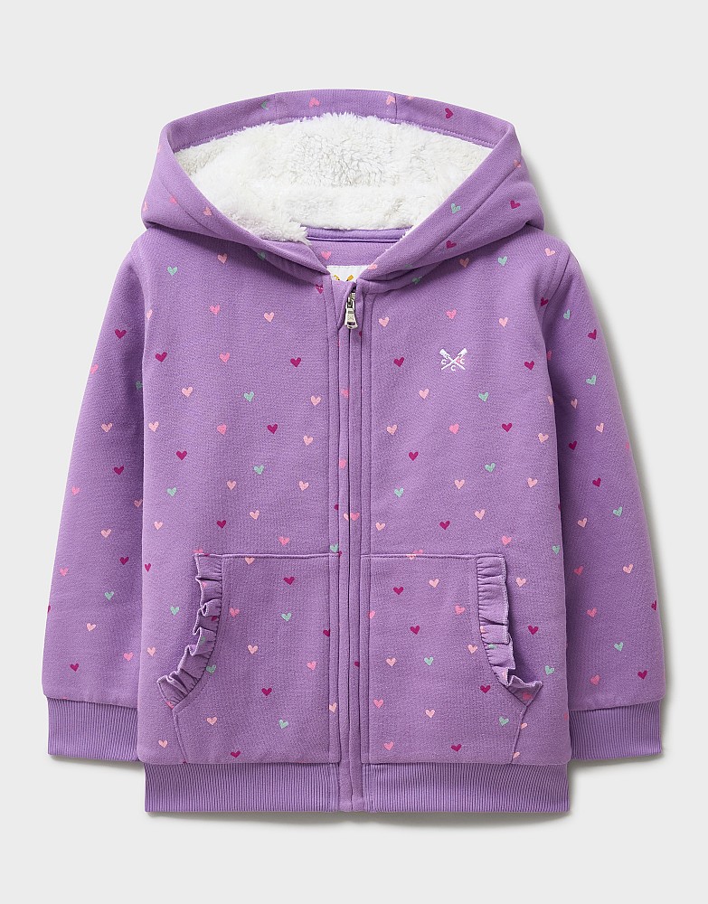 Teddy Fleece-Lined Hoodie in Heart Print Purple