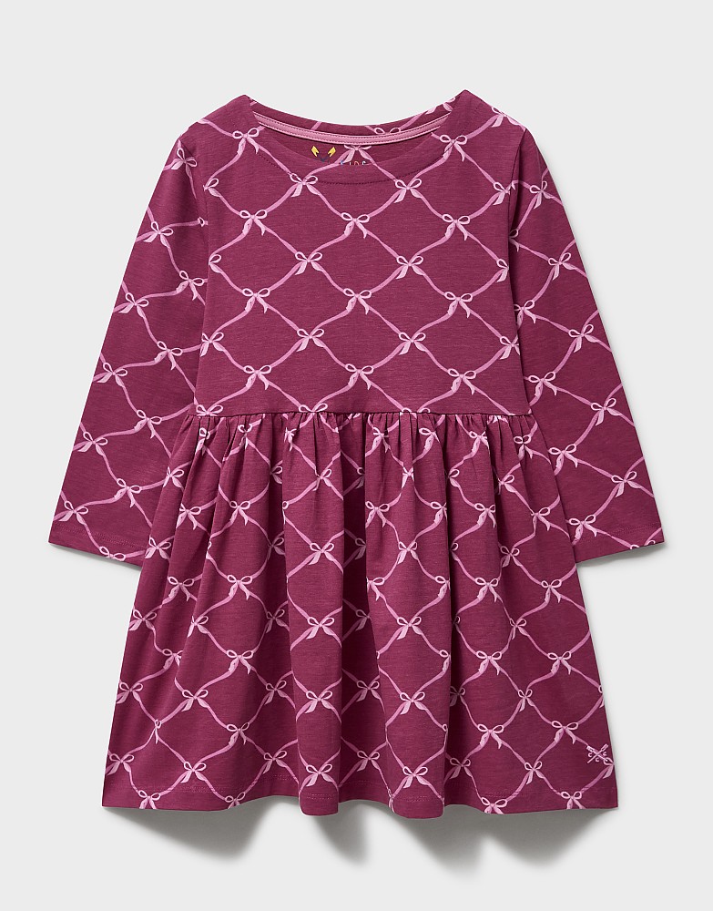 Classic Bow Printed Long Sleeve Jersey Dress in Pink