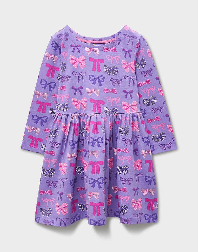 Classic Bow Printed Long Sleeve Jersey Dress