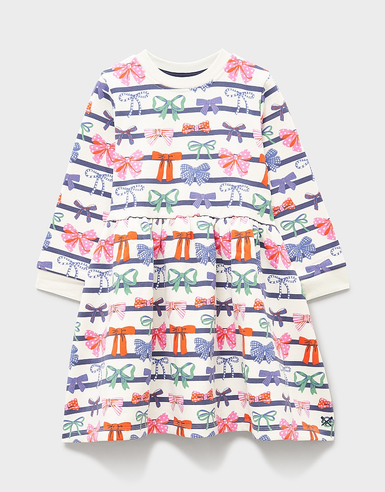Bow Printed Sweatshirt Dress in Navy and White Stripes