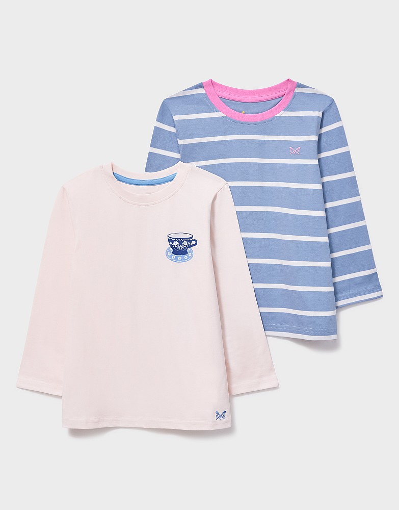 2 Pack Long Sleeve Graphic and Striped Tees In Blue Multi