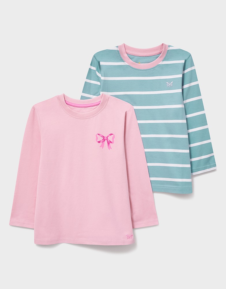 2 Pack Long Sleeve Graphic and Striped Tees In Green Multi