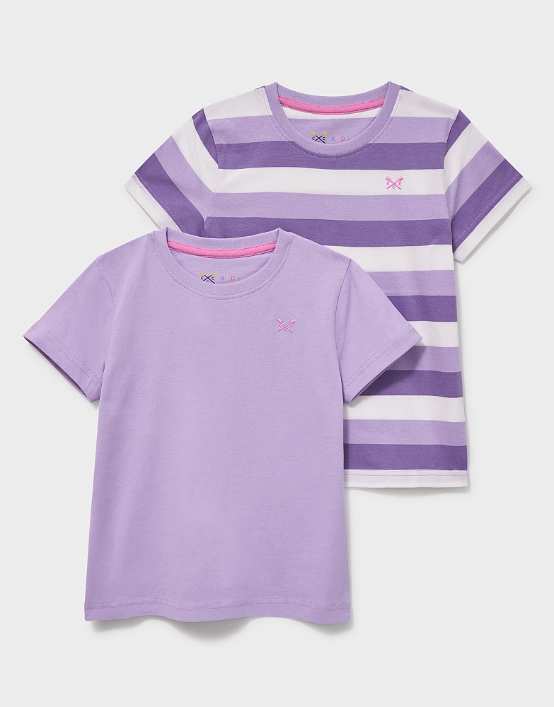 Two-Pack Short Sleeve Plain and Stripe Tees in Purple and White
