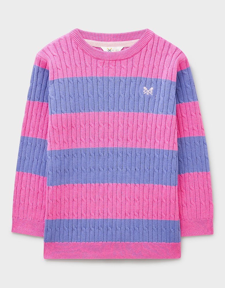 Heritage Cable Crew-Neck Jumper in Pink & Blue Stripes