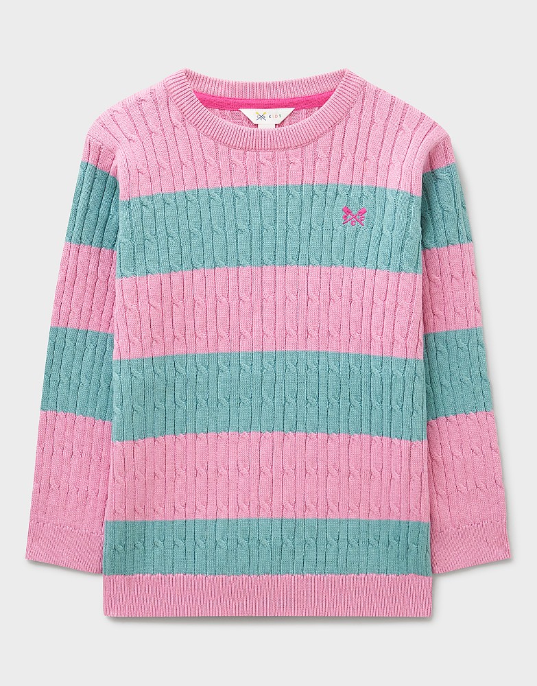 Heritage Cable Crew-Neck Jumper in Green & Pink Stripe