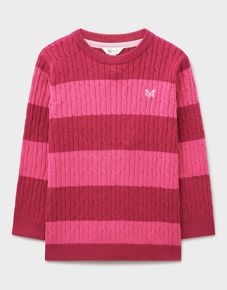 Stripe Heritage Cable Crew Neck Jumper in  Pink