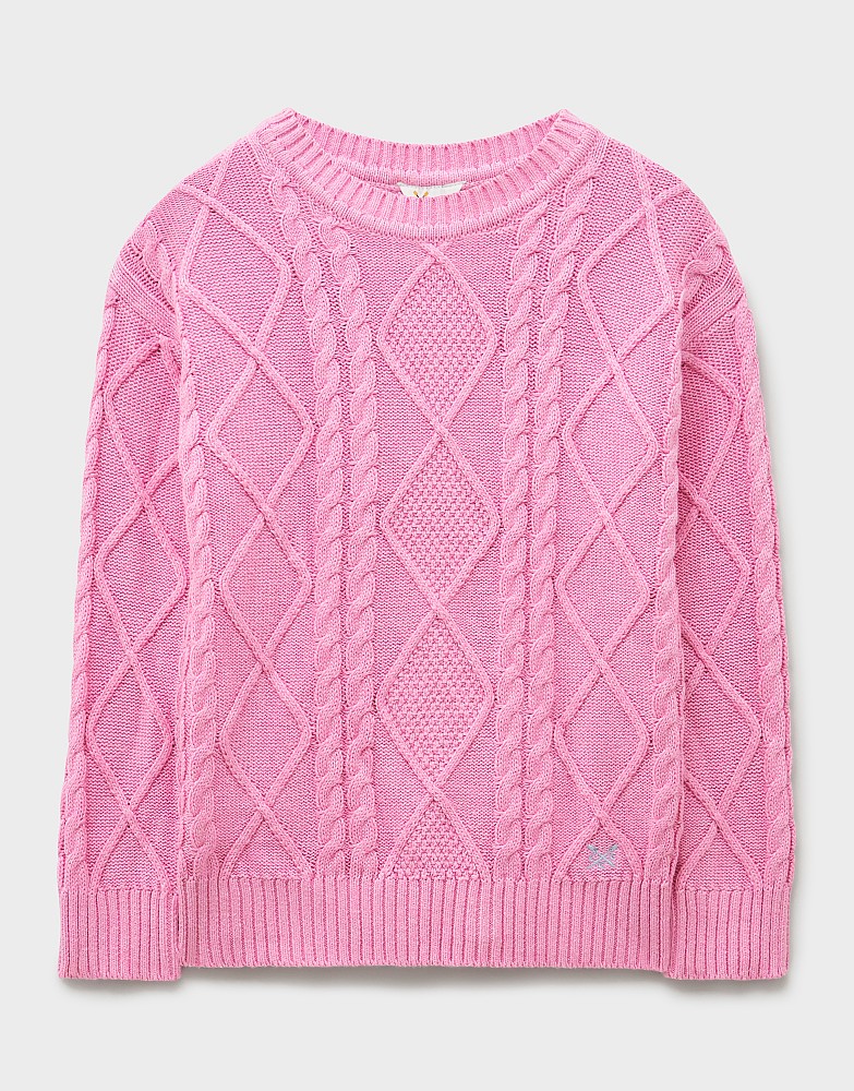 Heritage Cable Chunky Crew Neck Jumper in Bubblegum Pink