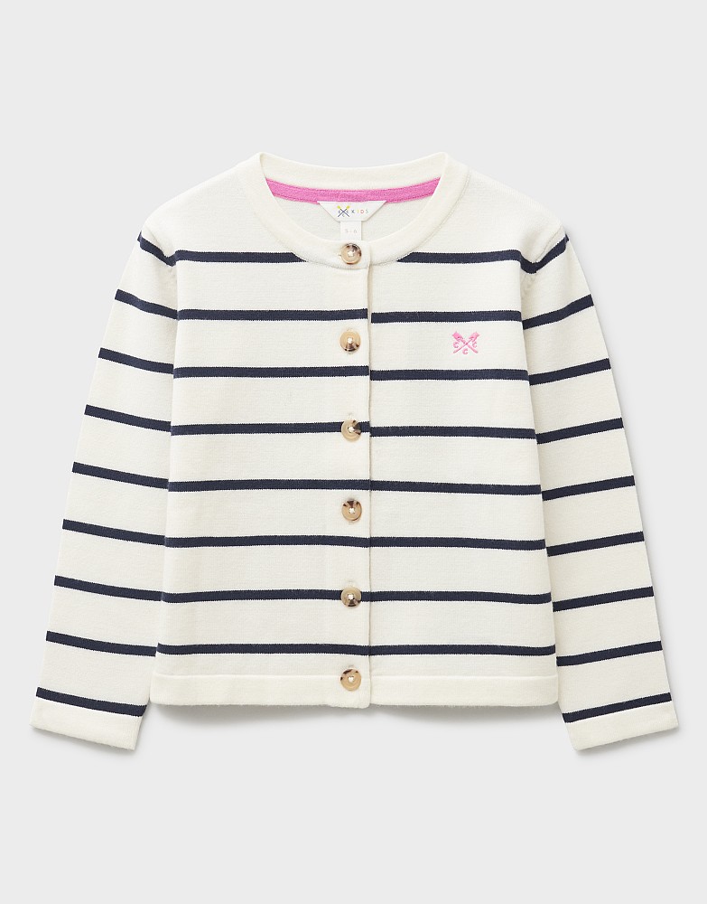 Crew-Neck Cardigan in White & Navy Breton Stripe
