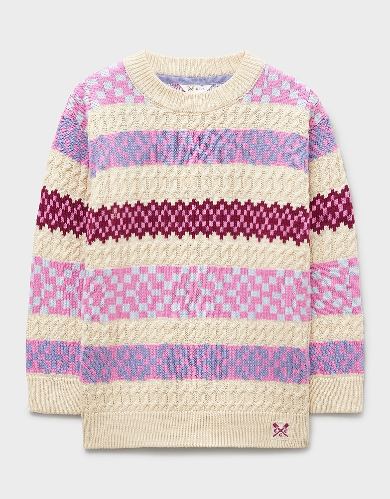Cotton-Mix Fair Isle & Cable-Knit Jumper in Cream, Pink & Blue