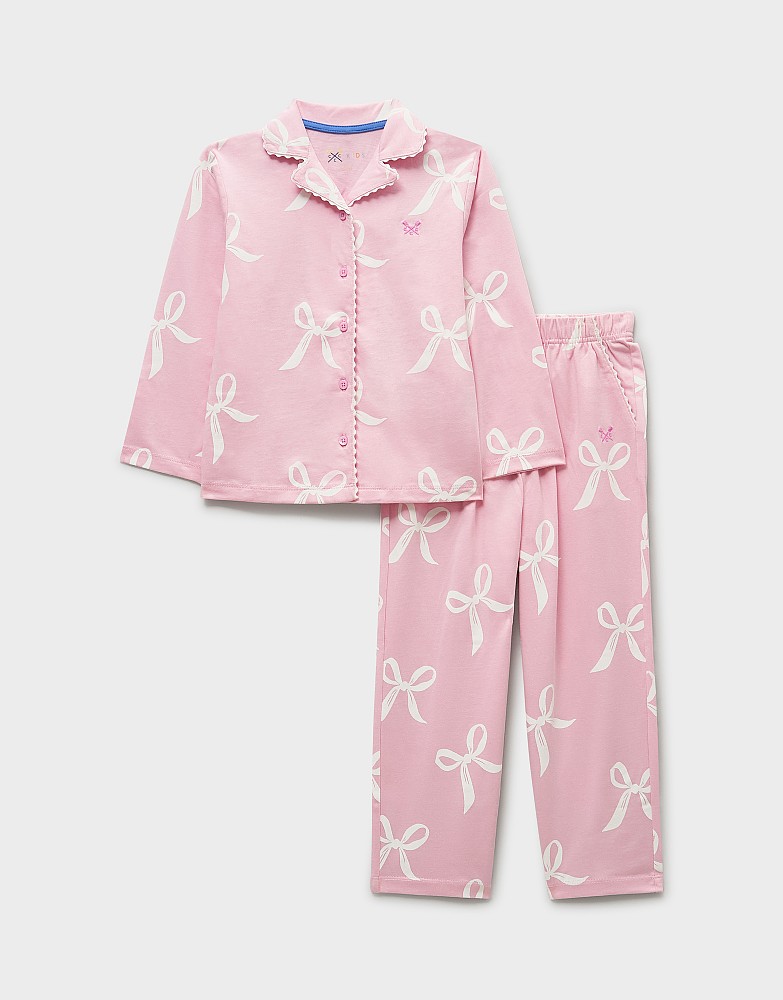 Brushed Cotton-Jersey PJ Set in Light Pink Bow Print