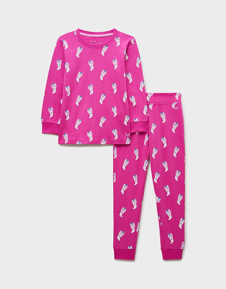 Long Sleeve Christmas Stocking Cotton Printed Pyjama Set in Berry