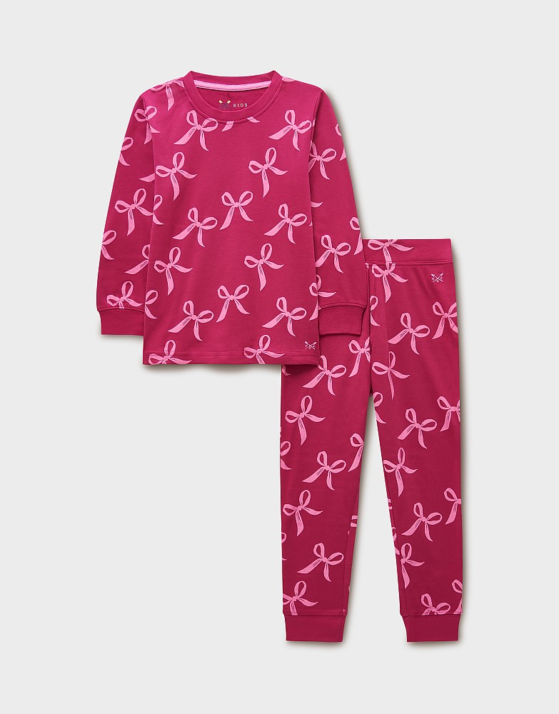 Long Sleeve Cotton Bows Printed Pyjama Set in Magenta Pink