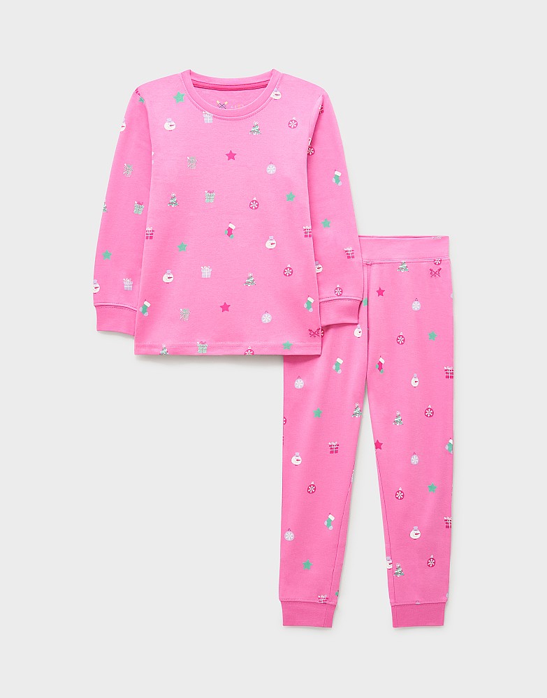 Long Sleeve Cotton Flowers Printed Pyjama Set in Pink