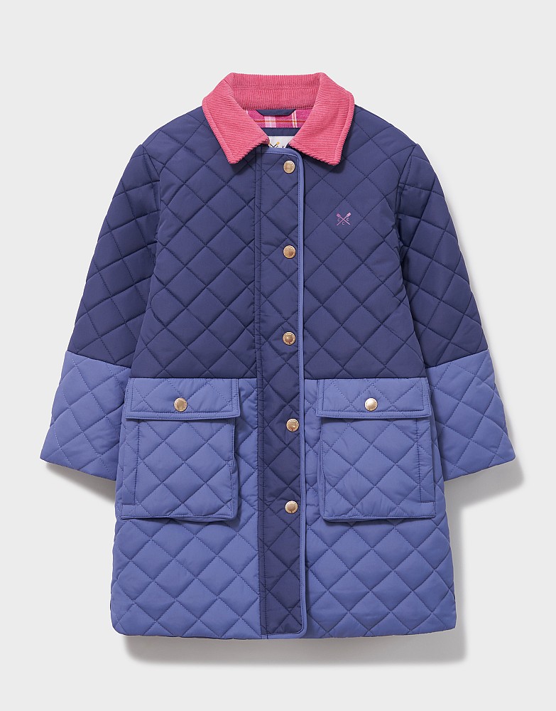 Hooded Diamond-Quilt Coat in Cobalt & Mid-Blue