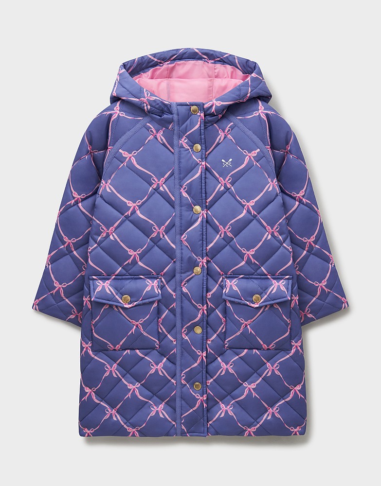 Hooded Diamond-Quilt Bow-Print Coat in Deep Blue