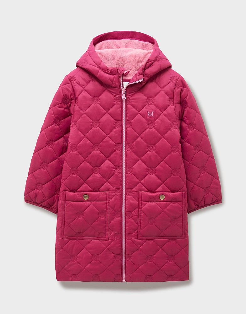 Diamond Flower Printed Lightweight Longline Puffa Coat in Magenta Pink