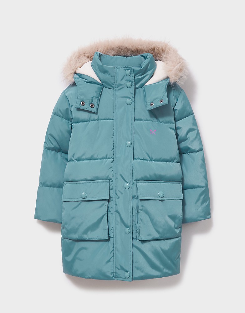 Fleece-Lined Mid-Weight Puffer Coat in Turquoise