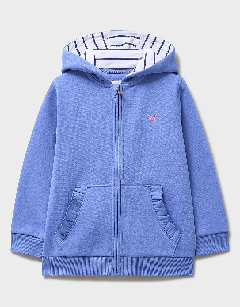 Frill Pocket Zip Through Hoodie in Blue