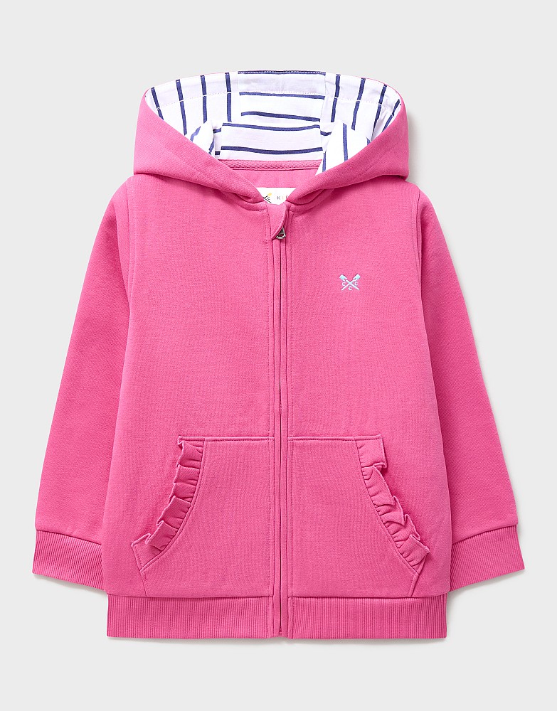 Frill Pocket Zip Through Hoodie in Bright Pink