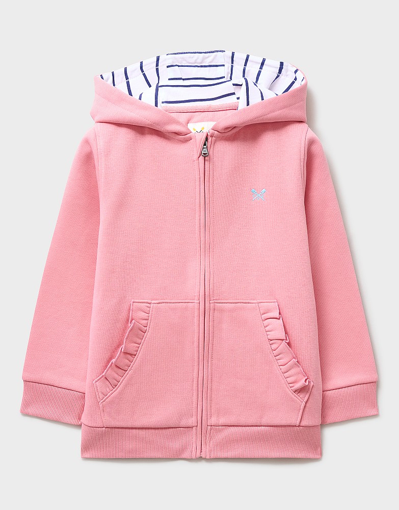 Frill Pocket Zip Through Hoodie in Light Pink