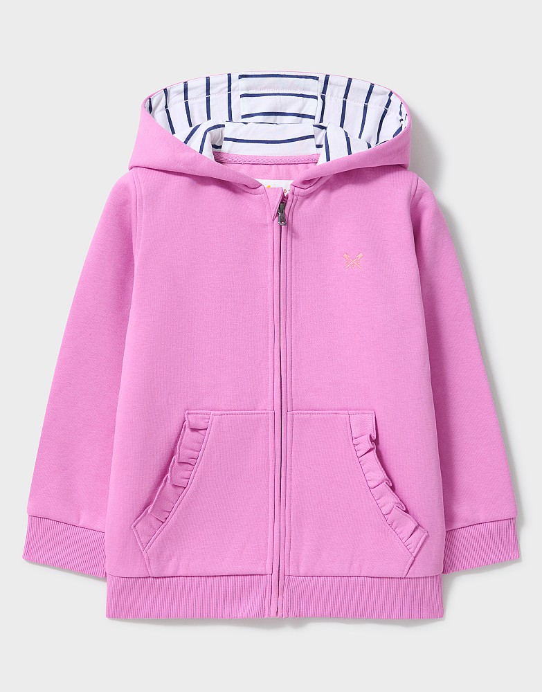 Frill Pocket Zip Through Hoodie in Mauve