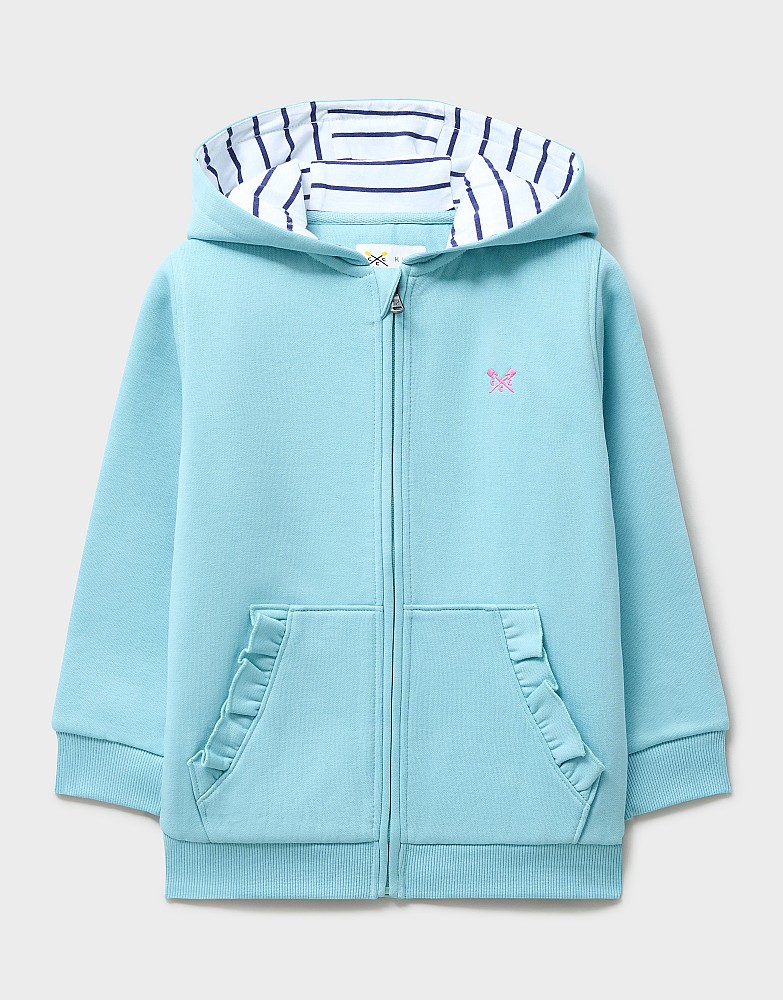 Frill Pocket Zip Through Hoodie in Mint Blue