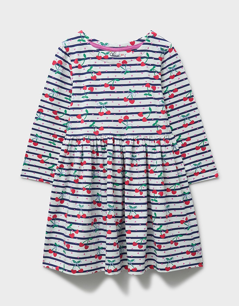 Cherry Printed Jersey Dress in Navy and White Stripe