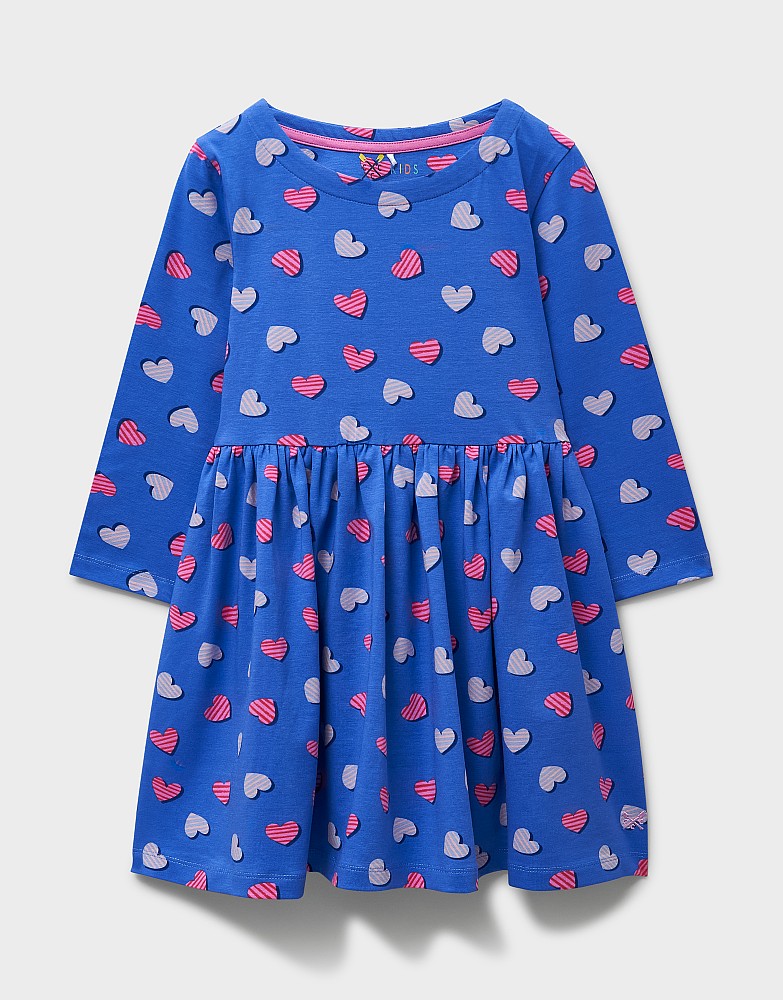 Classic Long Sleeve Heart Printed Jersey Dress in Blue