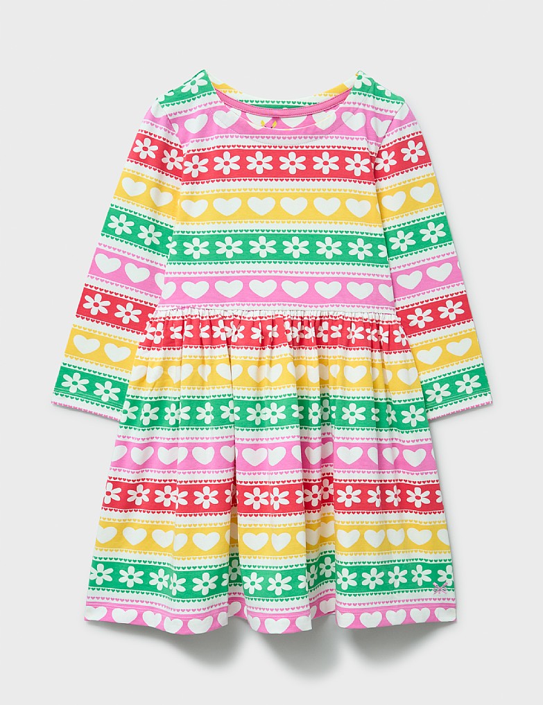 Classic Long Sleeve Heart & Flower Printed Stripe Dress