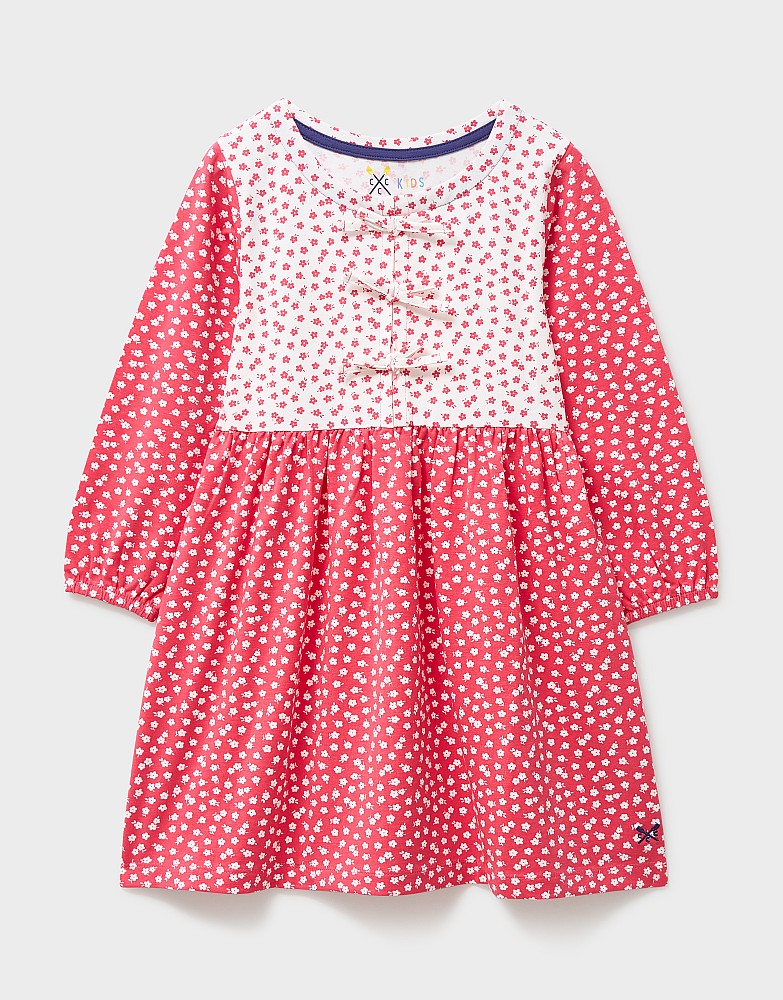 Floral Printed Bow Detailed Jersey Dress in Red and White