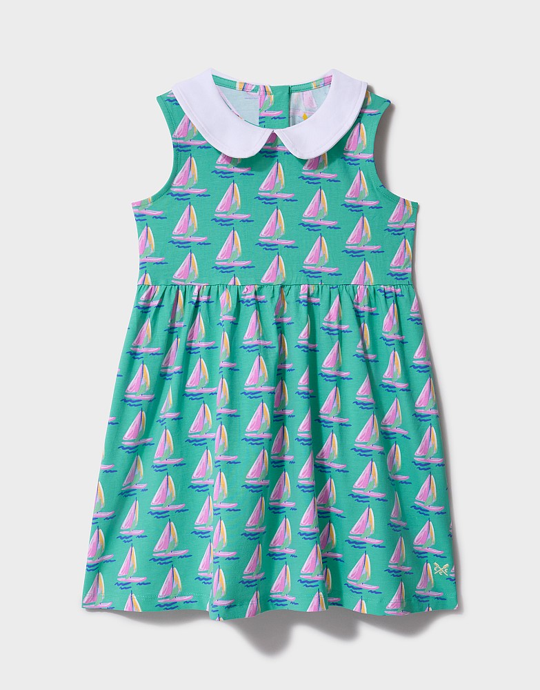 Cotton Jersey Peter Pan Collar Dress in Aqua Boat Print