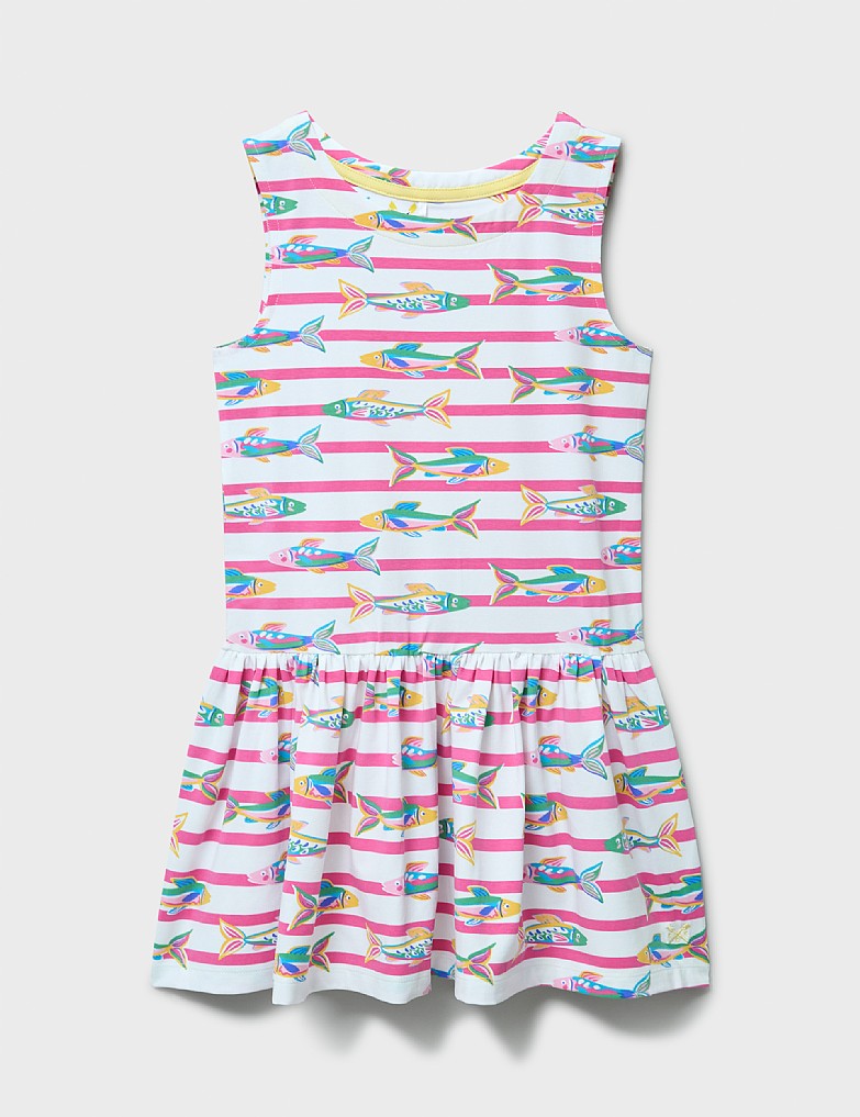 Sleeveless Jersey Fish Printed Dress in White and Pink Stripes