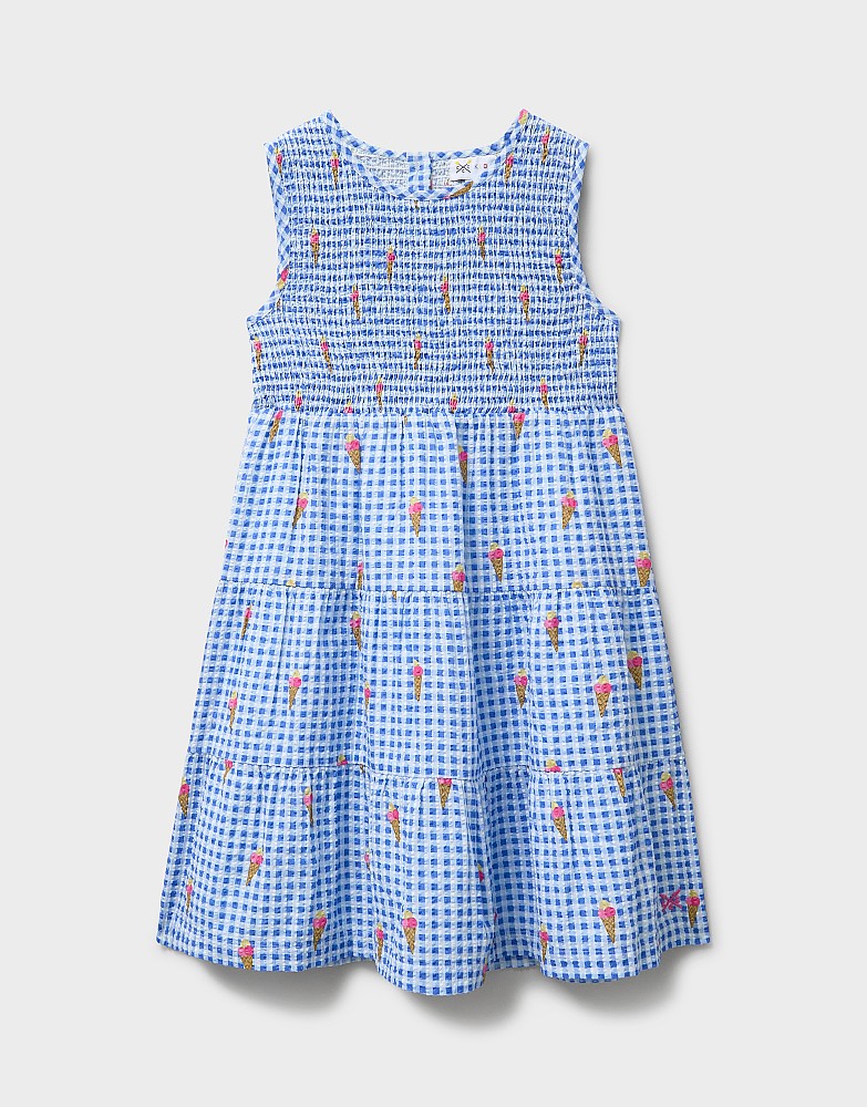 Shirred Cotton Midi Dress in Blue Gingham Print