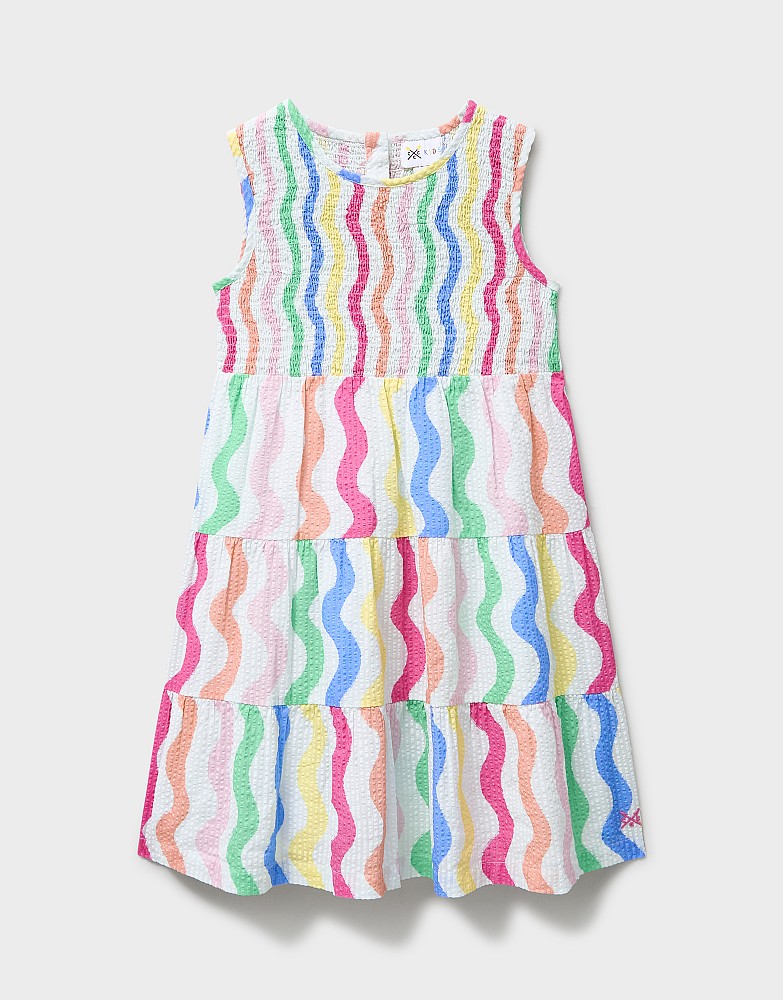 Shirred Cotton Midi Dress in Rainbow Stripe Print