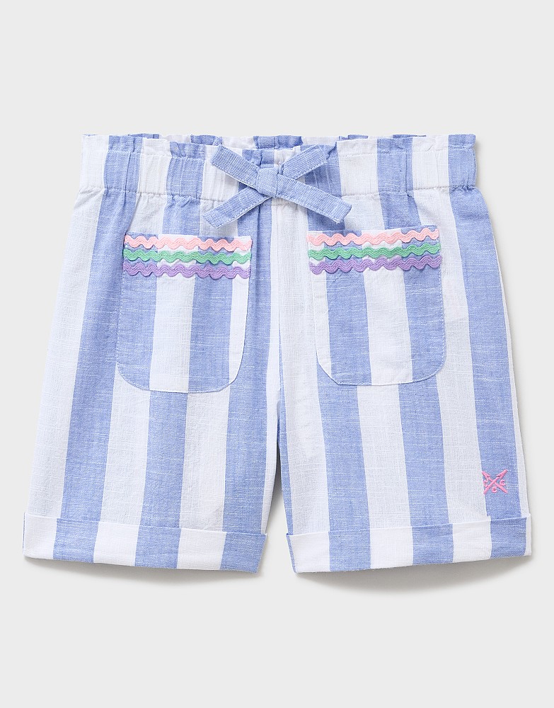 Woven Paperbag Shorts with Pocket Trim in Blue Stripes