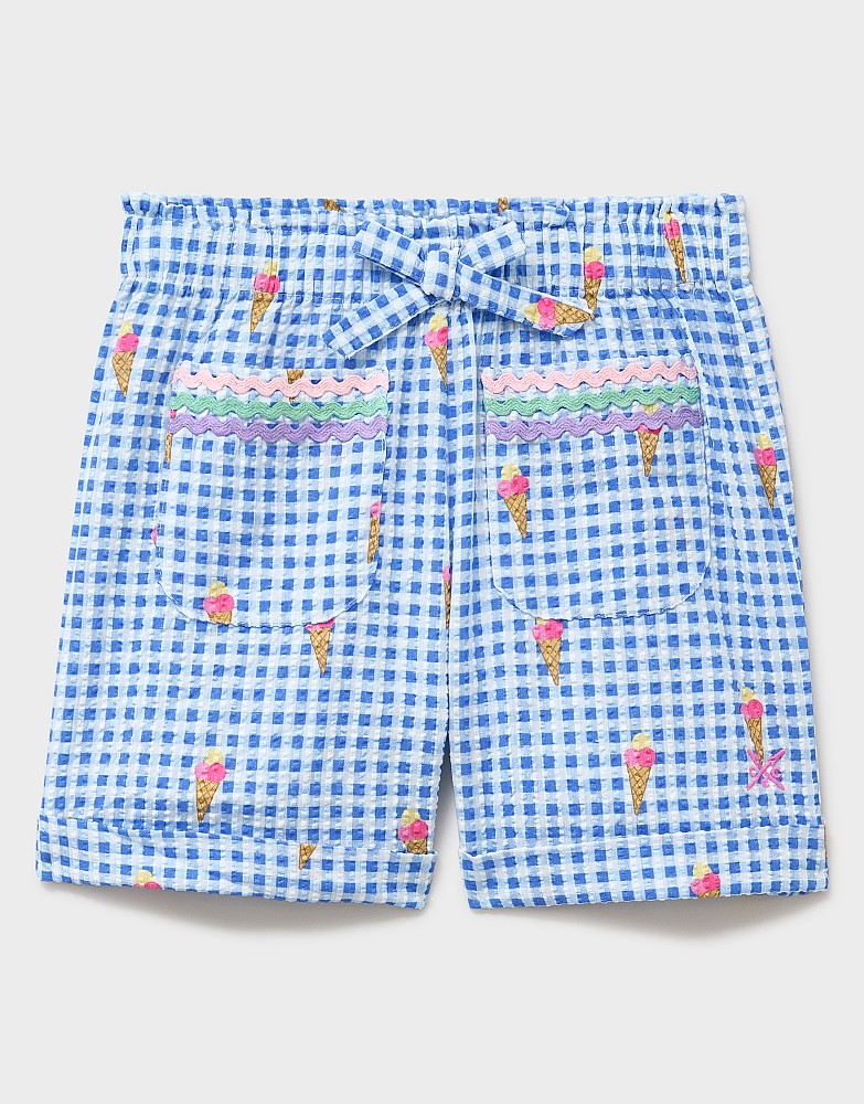 Woven Paperbag Shorts with Pocket Trim in Blue Gingham