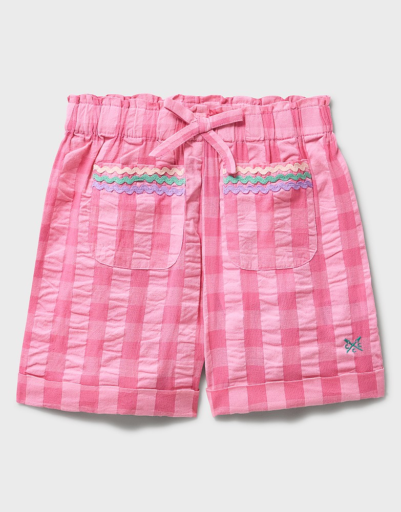 Woven Paperbag Shorts with Pocket Trim in Pink Gingham