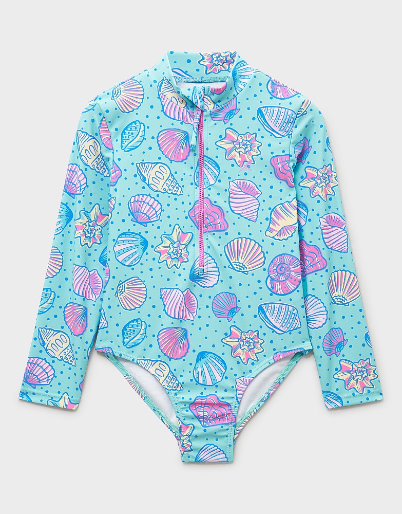 Zip-Front Long-Sleeve Swimsuit in Aqua Shell Print