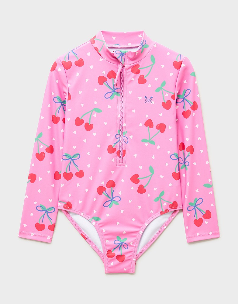Zip-Front Long-Sleeve Swimsuit in Pink Cherry Print