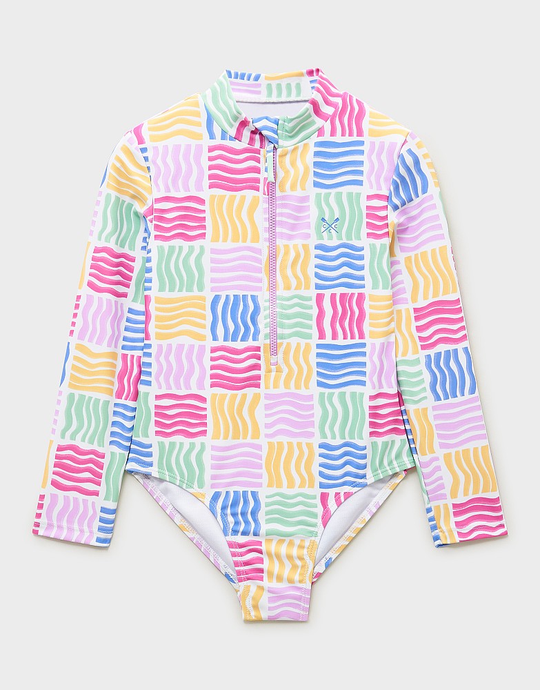 Zip-Front Long-Sleeve Swimsuit in Rainbow Print