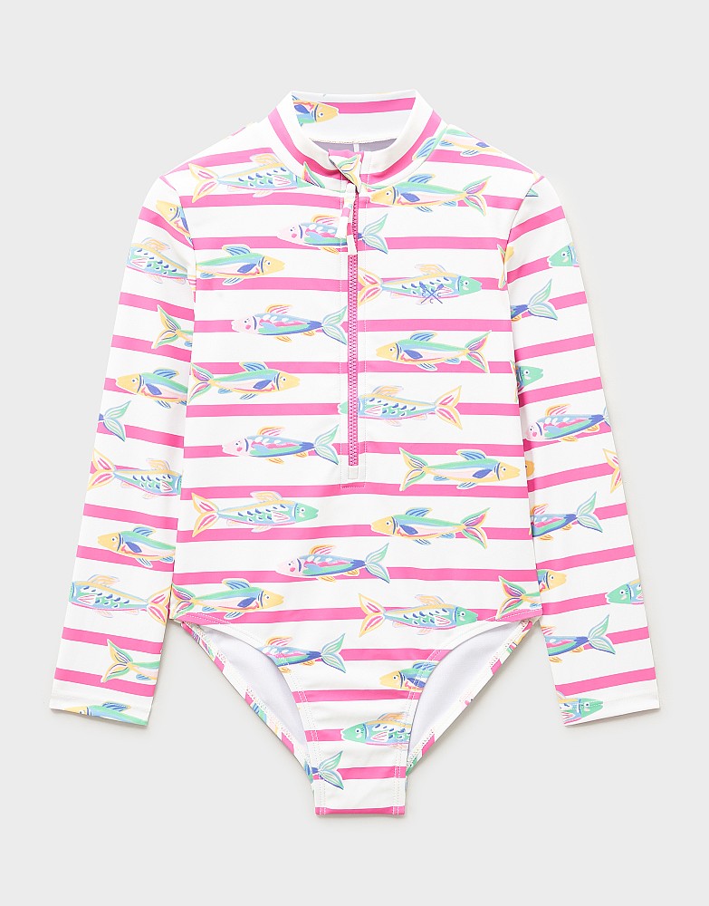 Zip-Front Long-Sleeve Swimsuit in White & Pink Stripe Print